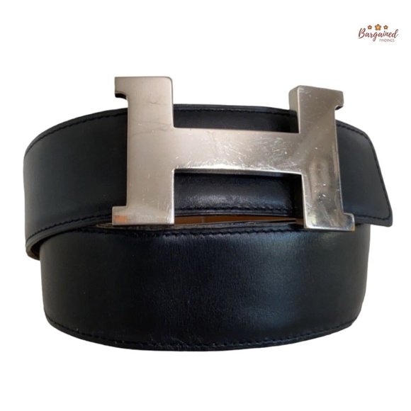Authentic HERMES Black Calfskin Leather H Silver Buckle Belt M 95 T